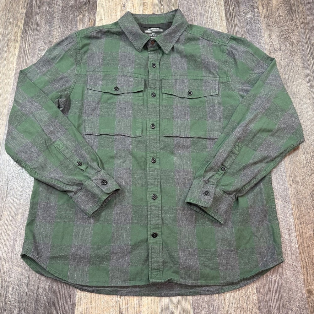 REI‎ Co-op Mens Flannel Shirt Green Grey Buffalo Plaid Cotton Button Down Large